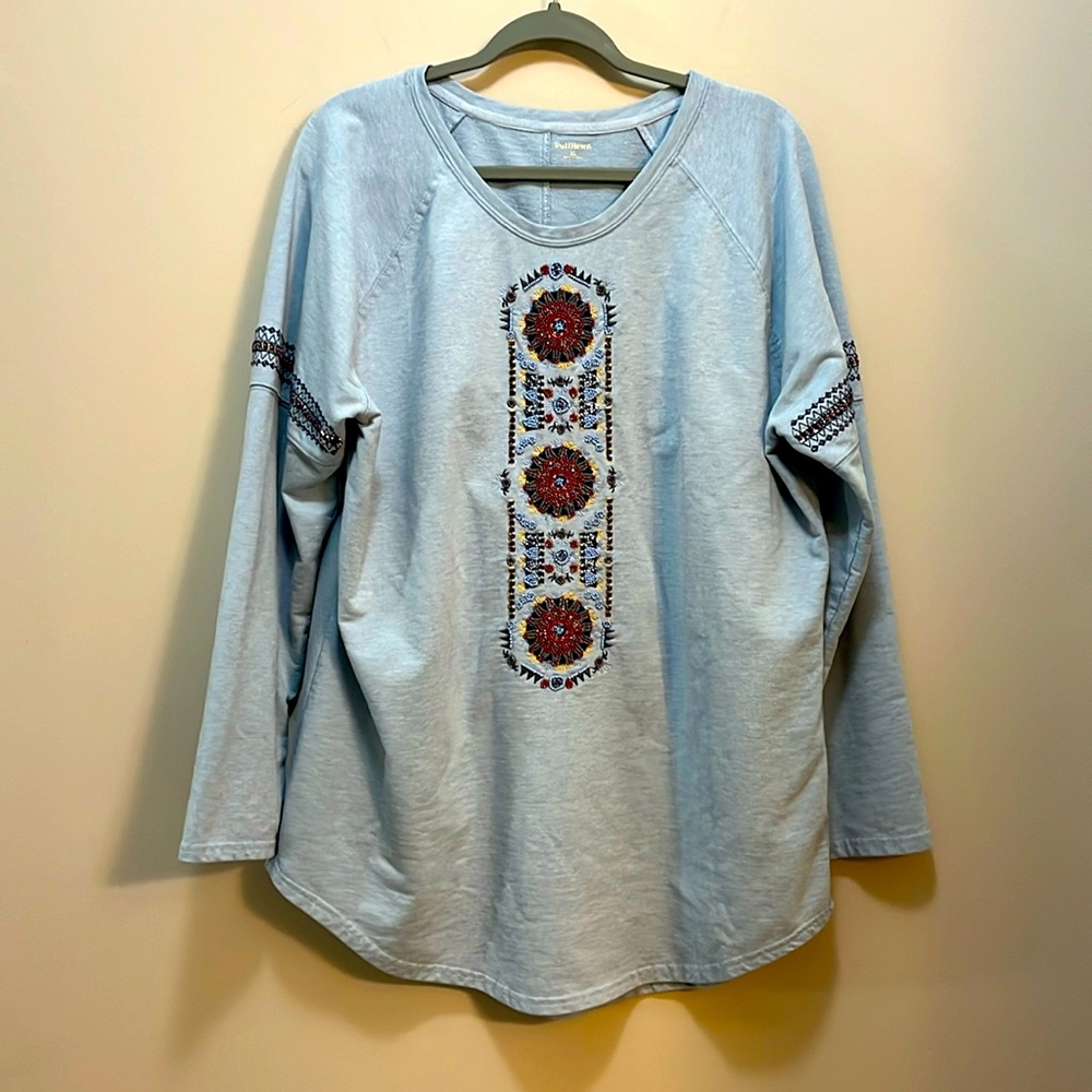 Ruff Hewn Southwest Beaded Design Crew Neck Sweatshirt Size XL Heather Blue